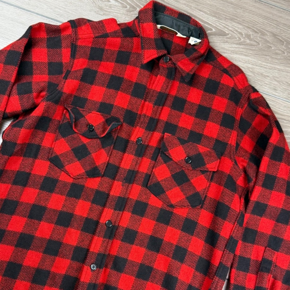 LL Bean Mens Shirt Jacket Buffalo Plaid Wool Blend Red Black L